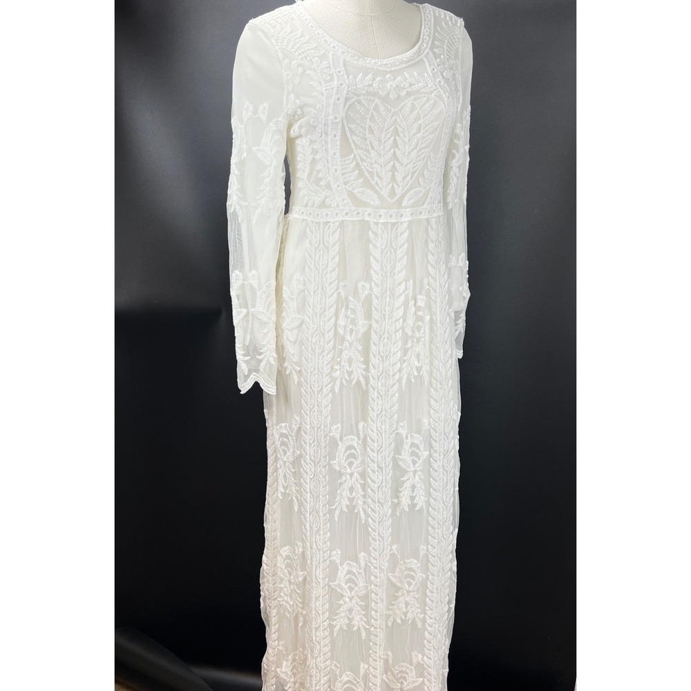 Women Lace Embroidered Maxi Dress S/M Long Sleeve Boho chic Bridal wedding fairy